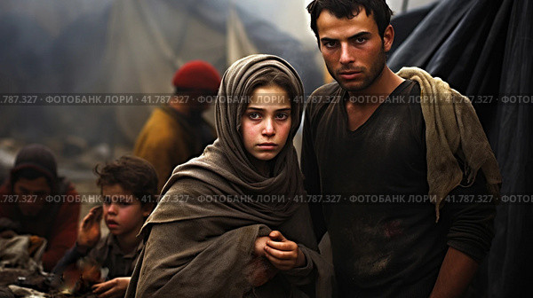 Portrait of Refugees on middle east looking at camera. Homeless people, unhappy and frightened, shawl camps,  Generative AI. Стоковое AI-изображение, AI-художник Анна Кривицкая / Фотобанк Лори