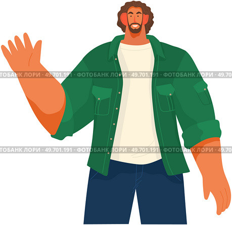 Portrait of smiling man saying hello and waving with hand. Hi or bye gesture. Happy guy greeting and welcoming smb. Guy say bye and gesturing in friendly way. People greeting motion. Portrait of smiling young man saying hello and waving with hand. Hi or bye gesture, greeting motion. Стоковая иллюстрация, агентство Ingram Publishing / Фотобанк Лори