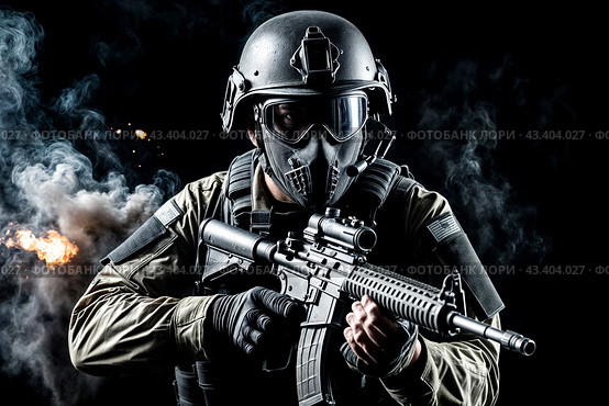 Portrait of special forces soldier man in uniform of tactical Units of Police with weapon at dark black background. Explosion, smoke and fire sparks. Urban problems unrest concept. Copy ad text space. Стоковое AI-изображение, AI-художник Aleksandr Golubev / Фотобанк Лори