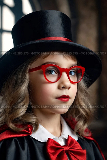 Portrait of vampire in cloak, top hat and blood glasses in underground castle room, looking at camera. Cover girl child actress in Dracula image indoors. Theatre performing concept. Copy ad text space. Стоковое AI-изображение, AI-художник Aleksandr Golubev / Фотобанк Лори