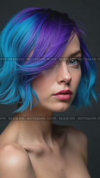 Portrait woman with bright colored flying hair, all shades purple blue. Hair coloring, beautiful lips and makeup. Hair fluttering in wind. Sexy girl with short hair. Professional haircut. Стоковое AI-видео, аниматор Sergey Grishin / Фотобанк Лори