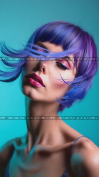 Portrait woman with bright colored flying hair, all shades of purple blue. Hair coloring, beautiful lips and makeup. Hair fluttering in the wind. Sexy girl with short hair. Professional haircut. Стоковое AI-видео, аниматор Sergey Grishin / Фотобанк Лори