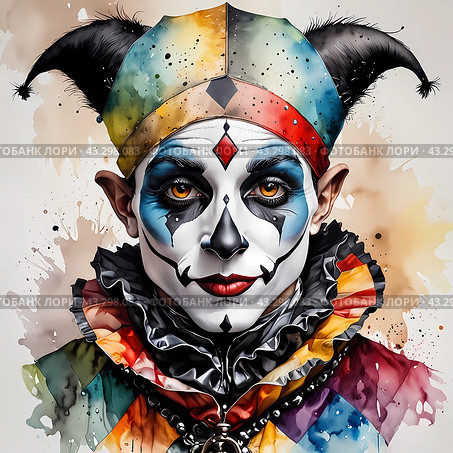 Портрет Арлекина, Джокера, клоуна. Акварель. Portrait of Harlequin, Joker, clown. Watercolor. Стоковое AI-изображение, AI-художник Гер Олег / Фотобанк Лори