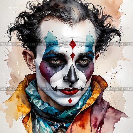 Портрет Арлекина, Джокера, клоуна. Акварель. Portrait of Harlequin, Joker, clown. Watercolor. Стоковое AI-изображение, AI-художник Гер Олег / Фотобанк Лори