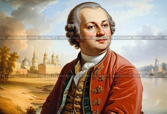 Портрет. Михаил Васильевич Ломоносов – первый русский выдающийся ученый, профессиональный исследователь природы на старой антикварной картине, выполненной масляными красками. Portrait. Mikhail Vasilyevich Lomonosov is the first Russian outstanding scientist, a professional researcher of nature in an old antique painting made with oil paints. Стоковое AI-изображение, AI-художник Гер Олег / Фотобанк Лори