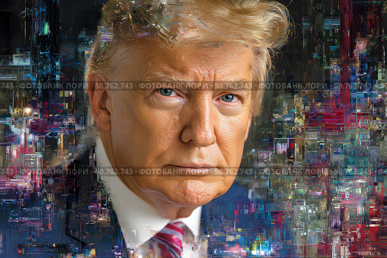 Портрет президента США Дональда Трампа на фоне футуристического городского пейзажа, стиль цифрового искусства, абстрактная живопись маслом. Стоковое AI-изображение, AI-художник Щеголева Ольга / Фотобанк Лори