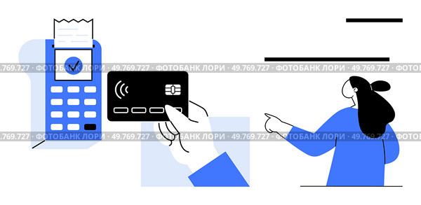 POS machine with receipt and hand holding a credit card. Person pointing in the background. Ideal for banking, shopping, e-commerce, contactless payment, digital transactions. Modern flat style. Cashless Payment Concept with POS Machine and Card Transaction. Стоковая иллюстрация, агентство Ingram Publishing / Фотобанк Лори