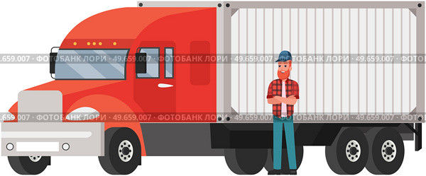 Postal delivery courier man in front of van. Trucker in striped shirt and cap stands near truck. Vehicle driver next to cargo. Male character and freight transport isolated on white background. Postal delivery courier man in front of van. Trucker in striped shirt and cap stands near truck. Стоковая иллюстрация, агентство Ingram Publishing / Фотобанк Лори