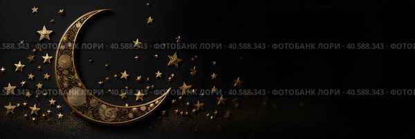Postcard for the holiday Eid al adha. Month and stars, lanterns on a dark background. With Generative AI technology. Стоковое AI-изображение, AI-художник Мария Фадеева / Фотобанк Лори