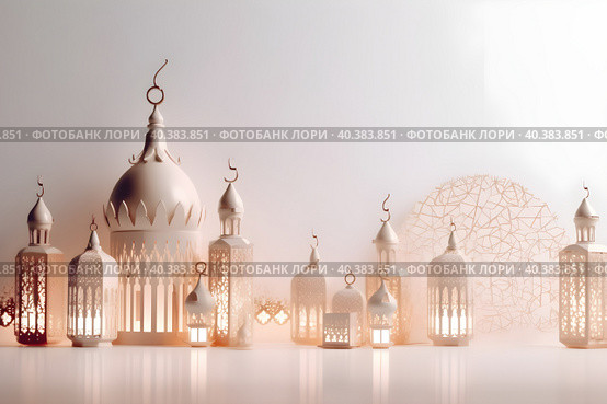 Postcard for the holiday Eid al adha. Mosques and minarets, lanterns on a beige background. With Generative AI tehnology. Стоковое AI-изображение, AI-художник Мария Фадеева / Фотобанк Лори