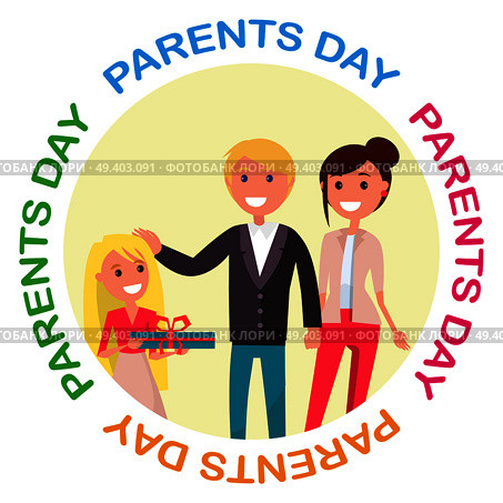 Poster of happy family vector illustration of young daughter congratulating her cheerful mother and joyful father on occasion of Parents` Day. Parents’ Day Banner with Colourful Inscription. Стоковая иллюстрация, агентство Ingram Publishing / Фотобанк Лори