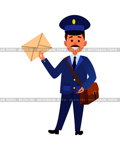 Postman cartoon character in blue uniform delivering letter flat vector illustration isolated on white background. Mailman with mailbag holding paper envelope. Smiling mustached postal courier icon  . Стоковая иллюстрация, агентство Ingram Publishing / Фотобанк Лори