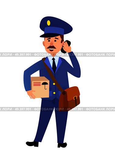 Postman cartoon character in uniform delivering parcel flat vector illustration isolated on white background. Mailman with mailbag holding package and talking on phone. Smiling postal courier icon  . Стоковая иллюстрация, агентство Ingram Publishing / Фотобанк Лори