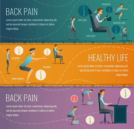 Posture Flat Horizontal Banners. Posture flat horizontal banners with advertising healthy life and information about negative results of incorrect posture for people working in office and driving vector illustration  . Стоковая иллюстрация, агентство Ingram Publishing / Фотобанк Лори