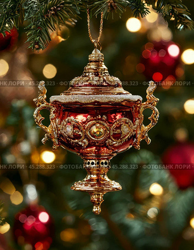 Pot-bellied Tula samovar, bright Christmas tree toy. New Year's decor. Festive New Year's atmosphere. Стоковое AI-изображение, AI-художник Сергей Елизарьев / Фотобанк Лори