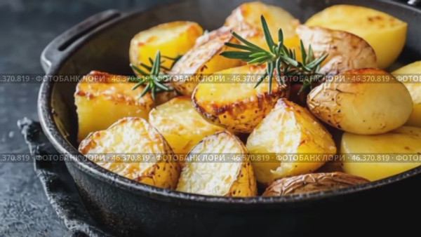 Potato. Roasted potatoes with rosemary and sea salt on dark gray concrete background. Golden oven baked baby potatoes with crispy seasoning in a modern ceramic bowl. Close up. Christmas dinner. Стоковое AI-видео, аниматор Марина Демидюк / Фотобанк Лори