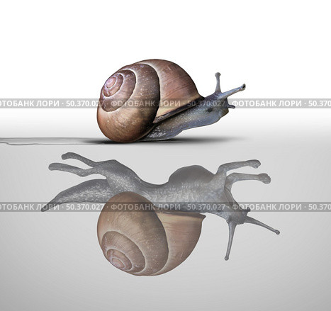Potential metaphor and inner power concept as a symbol for motivational feeling and the power within as a slow snail with a reflection of a fast cheetah shape in a 3D illustration style. . Стоковое фото, агентство Ingram Publishing / Фотобанк Лори