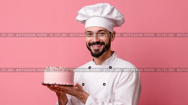 Повар в белом колпаке держит в руках торт с розовым кремом. A chef in a white hat holds a cake with pink cream. Стоковое AI-изображение, AI-художник Смирнова Светлана / Фотобанк Лори