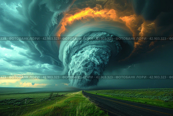 Powerful tornado against the background of the sunset sky. The sky is painted in rich reds and oranges, creating a feeling of incredible power and movement. The sun setting behind the horizon illuminates the clouds and earth with a warm light. Стоковое AI-изображение, AI-художник Анна Кривицкая / Фотобанк Лори