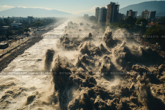 Powerful waves surge toward the shore, creating dramatic splashes against urban structures as storm clouds loom overhead. Стоковое AI-изображение, AI-художник Данила Большаков / Фотобанк Лори