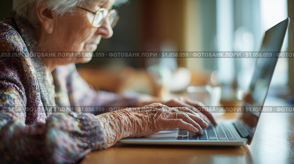 Пожилая женщина печатает на клавиатуре ноутбука. An elderly woman is typing on a laptop keyboard. Стоковое AI-изображение, AI-художник Смирнова Светлана / Фотобанк Лори