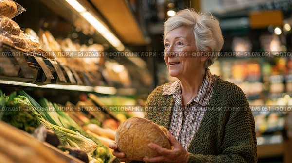 Пожилая женщина покупает хлеб в магазине. An elderly woman buys bread at a store. Стоковое AI-изображение, AI-художник Смирнова Светлана / Фотобанк Лори