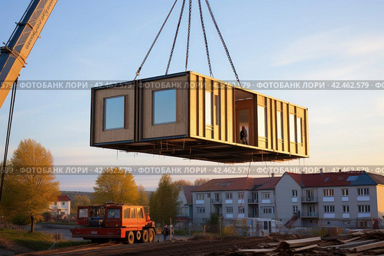 Prefabricated home lifted steel. Generate Ai. Стоковое AI-изображение, AI-художник Иван Рябоконь / Фотобанк Лори
