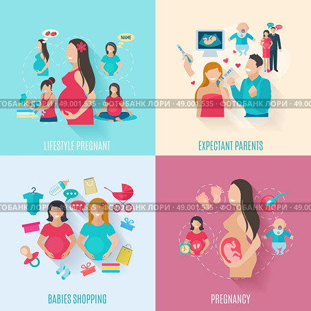 Pregnancy design concept set with parents and babies flat icons isolated vector illustration. Pregnancy Flat Icons. Стоковая иллюстрация, агентство Ingram Publishing / Фотобанк Лори