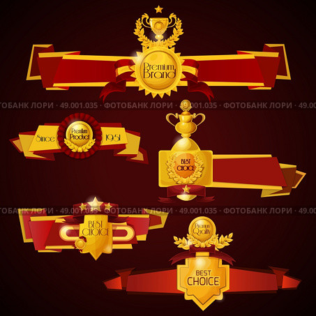 Premium products banners set with golden award cups and medals isolated vector illustration. Award Banners Set. Стоковая иллюстрация, агентство Ingram Publishing / Фотобанк Лори