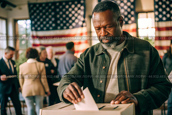 President elections. A black man votes for the new president of the United States of America and puts a form in the ballot box against the background of the American flag. Стоковое AI-изображение, AI-художник Photojuli / Фотобанк Лори