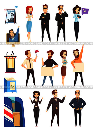 Presidential election campaign participants attributes cartoon icons collection with candidates supporters activists and slogans isolated vector illustration . Politics Politicians Cartoon Characters Set . Стоковая иллюстрация, агентство Ingram Publishing / Фотобанк Лори