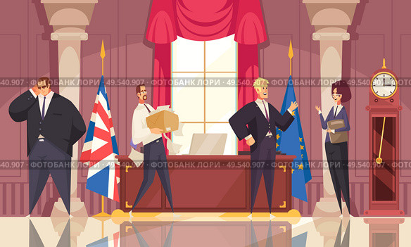 Presidential workplace interior flat cartoon composition of work moment with chief of staff secretary security vector illustration. Стоковая иллюстрация, агентство Ingram Publishing / Фотобанк Лори