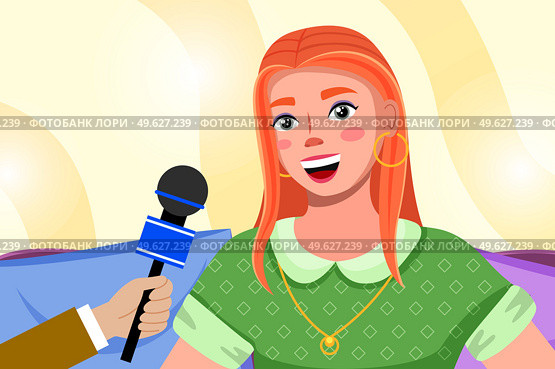 Press conference with red-haired woman. Journalist with microphone interviews a superstar girl. Young female character with gold accessories while recording. Correspondent holds special equipment. Press conference with red-haired woman. Journalist with microphone interviews a superstar girl. Стоковая иллюстрация, агентство Ingram Publishing / Фотобанк Лори
