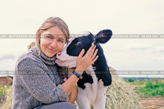 pretty black-white new born calf posing with farmer. close up . Стоковое фото, агентство Ingram Publishing / Фотобанк Лори