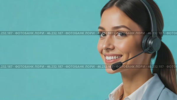 Pretty young female operator with telephone headset on her head. Smiling woman on blue background. Portrait, close-up, copy space for text. Стоковое AI-видео, аниматор Ирина / Фотобанк Лори