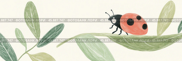 Причудливая весенняя сцена с божьей коровкой, ползущей по листу. Стоковое AI-изображение, AI-художник ФотоИнтеллект / Фотобанк Лори