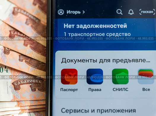 Приложение "Госуслуги" и деньги. Редакционное фото, фотограф Игорь Низов / Фотобанк Лори