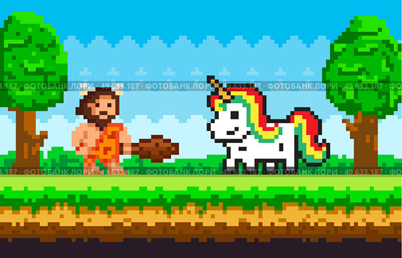 Primitive pixel man dressed in clothes made of animal skin and holding cudgel with unicorn. Caveman with baton meeting with pixelated pony. Character in forest nature landscape. Color pixel game scene. Caveman pixel primitive man dressed in clothes made of animal skin and holding cudgel with unicorn. Стоковая иллюстрация, агентство Ingram Publishing / Фотобанк Лори