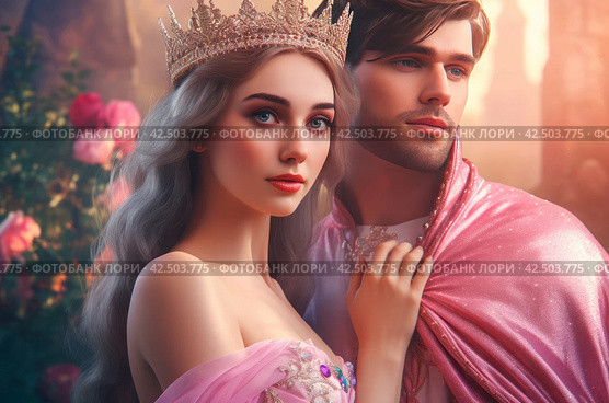 Princess with crown hugging her prince. Generate ai. Стоковое AI-изображение, AI-художник Иван Рябоконь / Фотобанк Лори