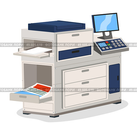 Printing house polygraphy industry isometric design concept with copier multifunction device isolated. Professional equipment for advertising agency for color wide-format printing digitally controlled. Printing house polygraphy industry isometric design with copier multifunction device isolated. Стоковая иллюстрация, агентство Ingram Publishing / Фотобанк Лори