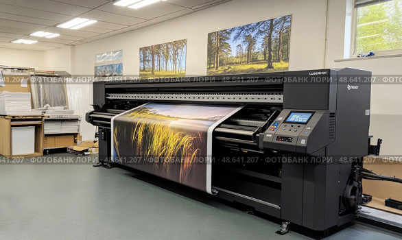 Printing large format images in a professional studio with specialized equipment. Стоковое AI-изображение, AI-художник Александр Довянский / Фотобанк Лори
