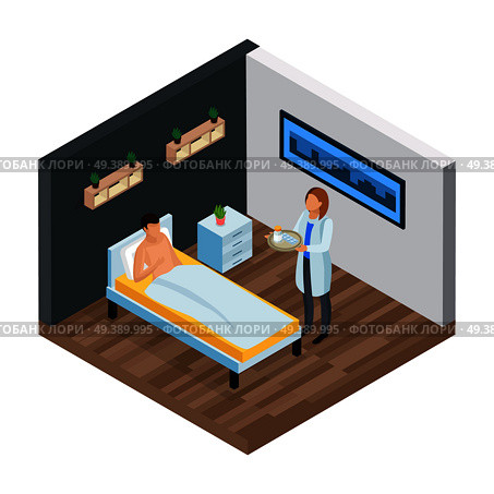 Probiotics isometric composition with view of hospital room patient in bed and doctor with medication pills vector illustration. Probiotic Clinic Isometric Composition. Стоковая иллюстрация, агентство Ingram Publishing / Фотобанк Лори