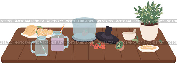 Process of cooking vegetarian food. Proper nutrition, healthy lifestyle and vegetarianism concept. Ingredients and cooking utensil for making smothie. Natural ingredients for fruit cocktail in blender. Ingredients and cooking utensil for making smothie. Natural food for fruit cocktail in blender. Стоковая иллюстрация, агентство Ingram Publishing / Фотобанк Лори