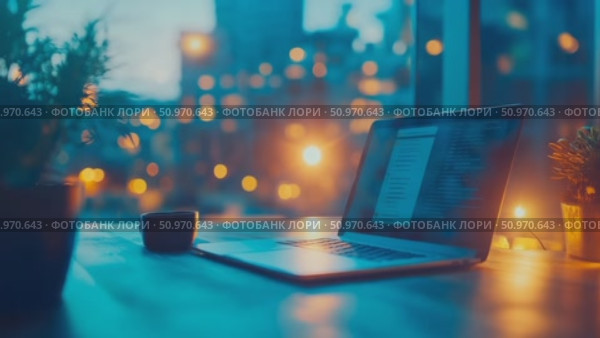 Productive evening scene with a glowing computer screen and soft bokeh city lights outside a window. Стоковое AI-видео, аниматор Данила Большаков / Фотобанк Лори
