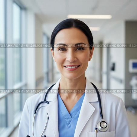 Profession doctor - portrait of a young happy woman in a work coat. AI generated. Стоковое AI-изображение, AI-художник Андрей Аркуша / Фотобанк Лори