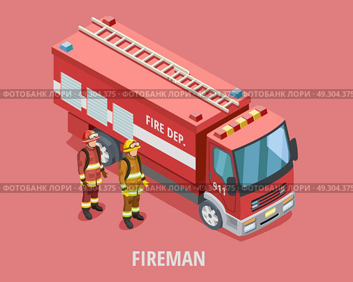 Profession Fireman Isometric Template. Profession fireman isometric template with firefighters in uniform standing near truck isolated vector illustration. Стоковая иллюстрация, агентство Ingram Publishing / Фотобанк Лори