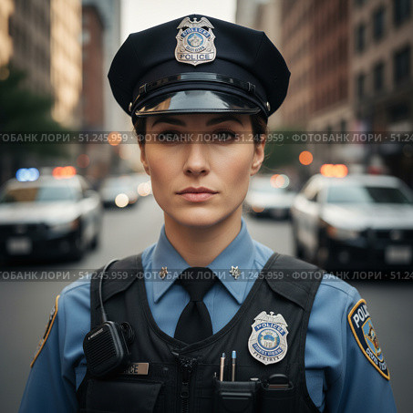 Profession patrol policeman - portrait of a woman on the street. AI generated. Стоковое AI-изображение, AI-художник Андрей Аркуша / Фотобанк Лори