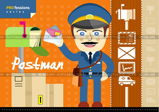 Profession series with moustached postman in uniform with bag and letter standing near mailbox. Стоковая иллюстрация, агентство Ingram Publishing / Фотобанк Лори