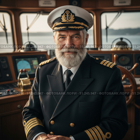 Profession ship captain - portrait of a gray-haired man on board. AI generated. Стоковое AI-изображение, AI-художник Андрей Аркуша / Фотобанк Лори