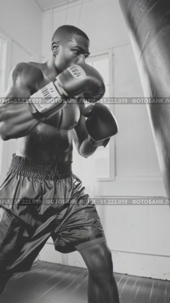 Professional boxer intensely training with punching bag, demonstrating raw power and refined technique through gritty monochrome athletic performance. Стоковое AI-видео, аниматор Юрий Поздников / Фотобанк Лори